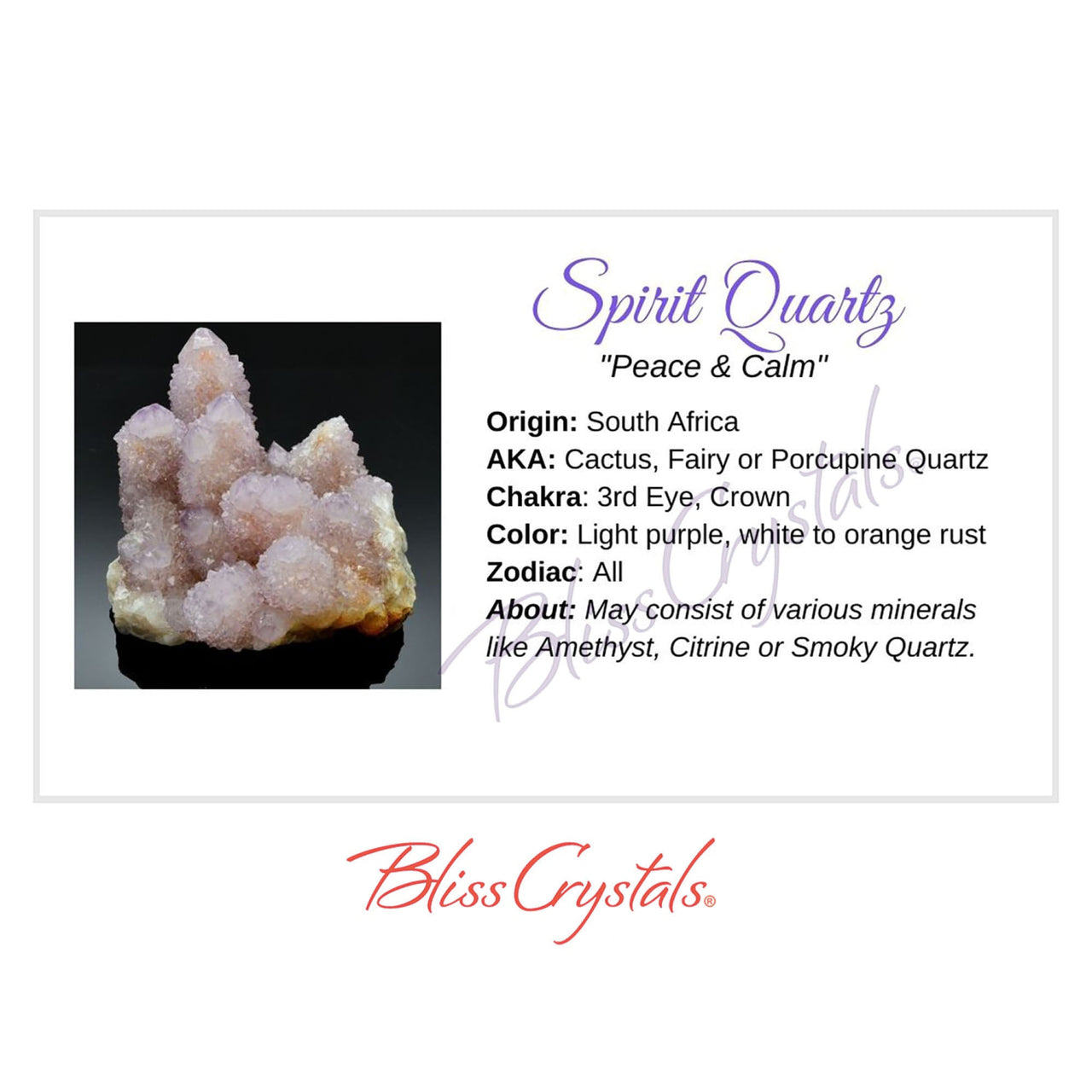 SPIRIT QUARTZ Crystal Information Card Double sided #HC110