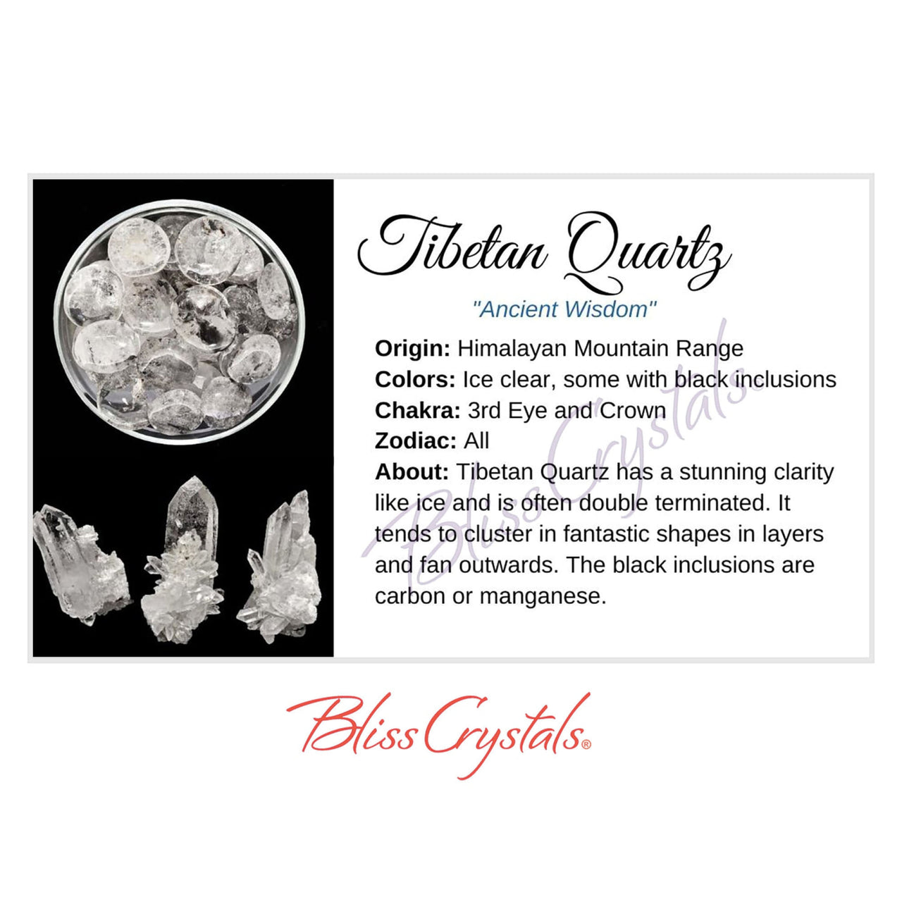 TIBETAN QUARTZ Crystal Information Card Double sided #HC105